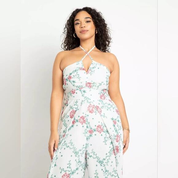 Size 20 Eloquii white jumpsuit, pink floral print, halter, slit leg, New - Picture 2 of 3